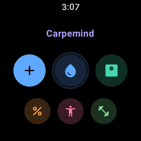 Watch home: an add button, the water ring, and tiles for weight, body fat, training and calm